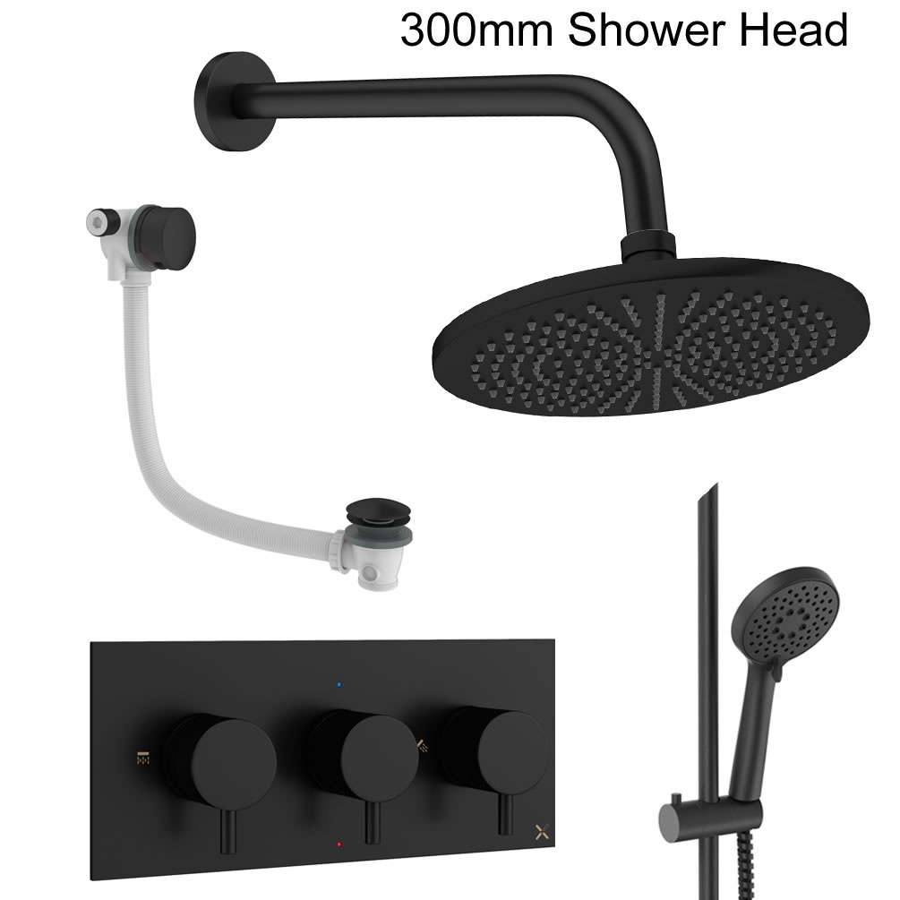 Cutout image of Crosswater Design Matt Black Three Outlet Slide Rail Shower Bath Set 300mm head