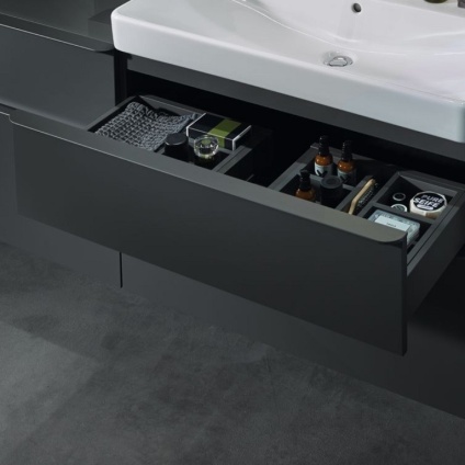 Product Lifestyle image of Geberit Smyle Square Matt Lava H Partition Top Drawer Divider Storage Front Angle -500.677.00.1