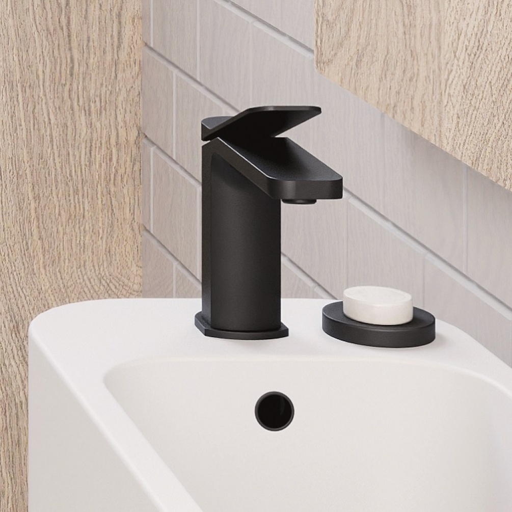 Lifestyle image photo close up of Crosswater Glide II Matt Black Mono Basin Mono/Monobloc Tap on white cloakroom basin GD110DNM