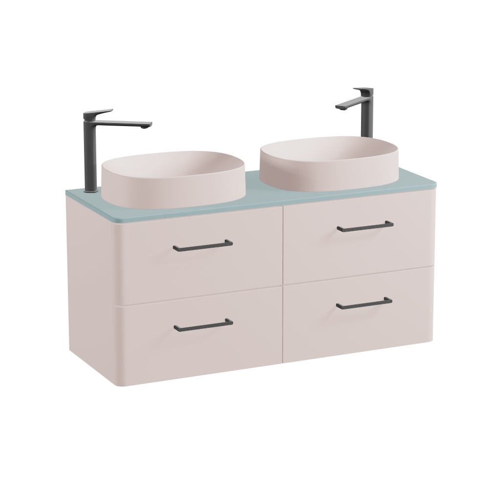 Vado Cameo 1200mm Pink Clay Wall Hung 4 Drawer Vanity Unit, Cove Blue Worktop & Pink Clay Oval Basins