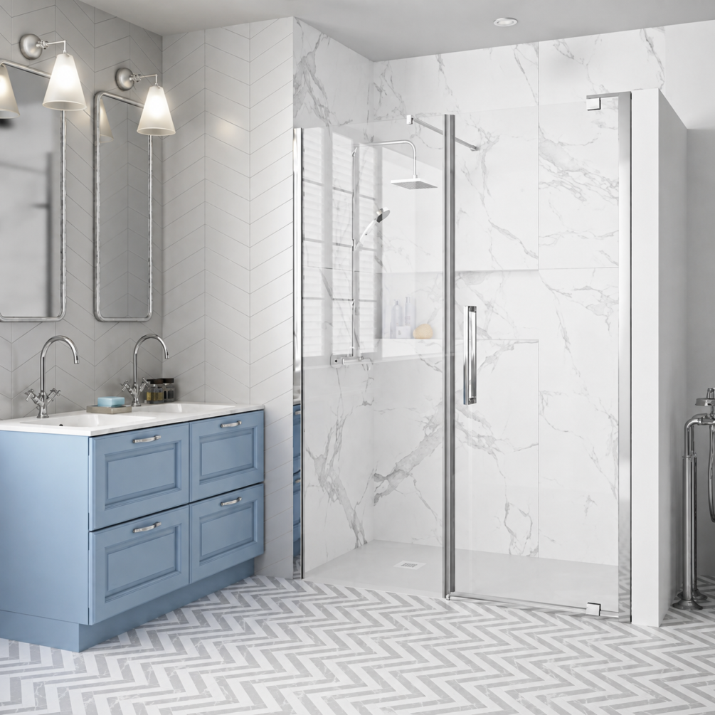 Lifestyle image of the Merlyn 10 Series 1500mm Pivot Shower Door