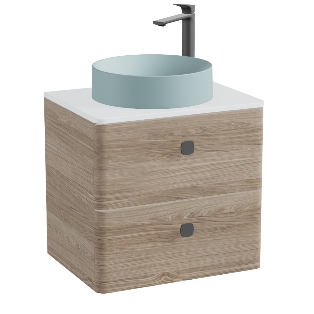 Vado Cameo 600mm Natural Oak Wall Hung Vanity Unit, Arctic White Worktop & Cove Blue Basin