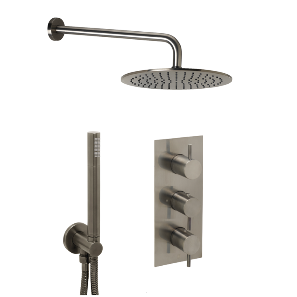 Product Cut out image of the JTP Vos Brushed Black 2 Outlet 3 Handle Shower Pack with Fixed Head & Handset