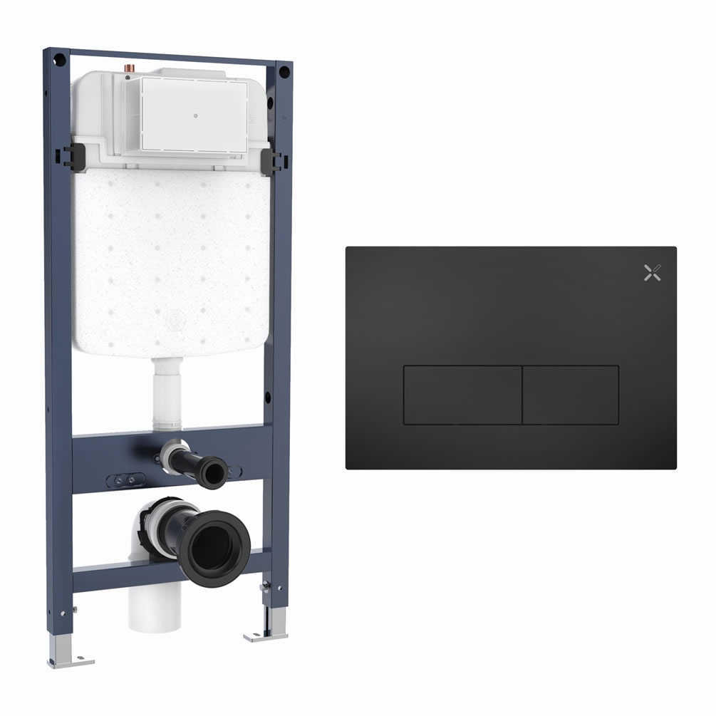 Cutout image of Crosswater 1120mm Slim Wall-Hung Cistern Frame & MPRO Matt Black Stainless Steel Dual Flush Plate
