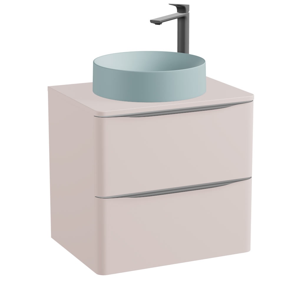Vado Cameo 600mm Pink Clay Wall Hung 2 Drawer Vanity Unit, Worktop & Cove Blue Basin