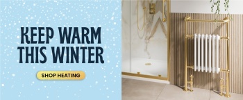 banner image split in two with left side in blue with the text keep warm this winter and the right side a picture of traditional gold bathroom radiator
