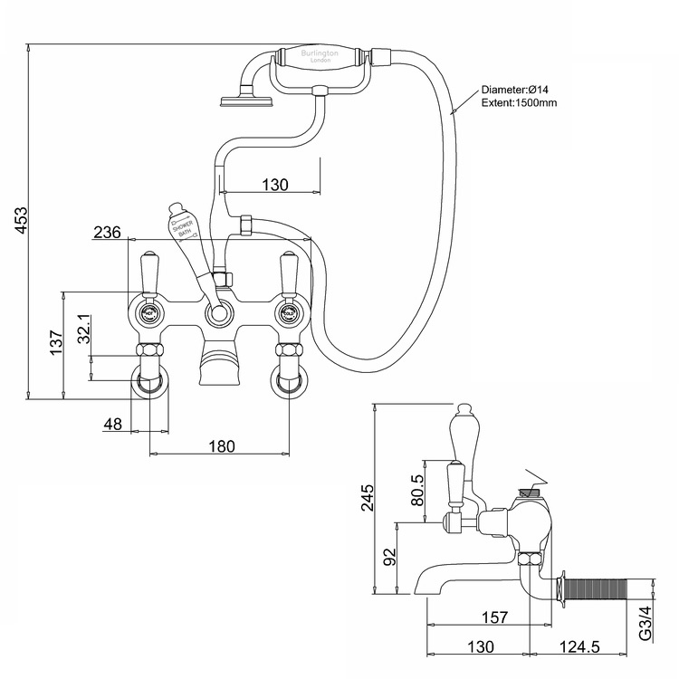 Burlington Kensington Wall Mounted Bath Shower Mixer Sanctuary Bathrooms