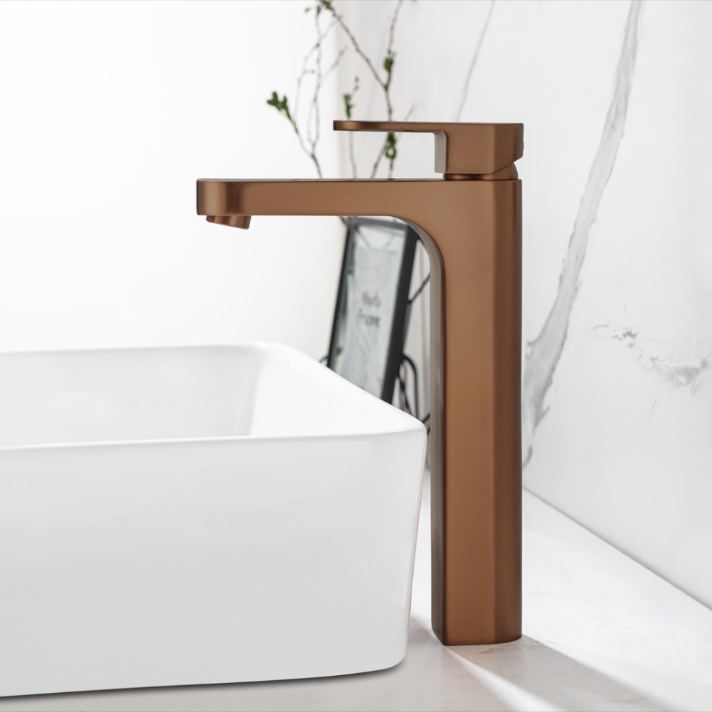 Close up product lifestyle image of the Abacus Ki Brushed Bronze Mono Basin Mixer