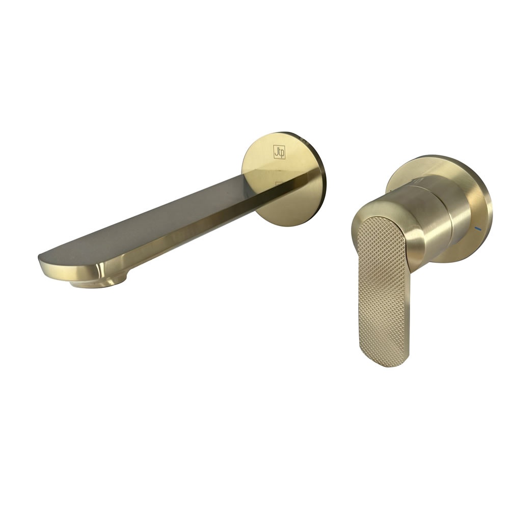 Zero 3 Brushed Brass Knurled Wall Mounted 2 Hole Basin Mixer
