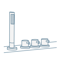 Iconography image of a four tap hole bath shower mixer tap with a shower handset including hot and cold water handles, and diverter to alter flow between handset and overflow filler