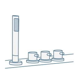 Iconography image of a four tap hole bath shower mixer tap with a shower handset including hot and cold water handles, and diverter to alter flow between handset and overflow filler