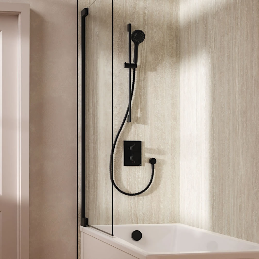Lifestyle image of Crosswater Crossbox Matt Black Dual Outlet Slide Rail Shower Bath Set