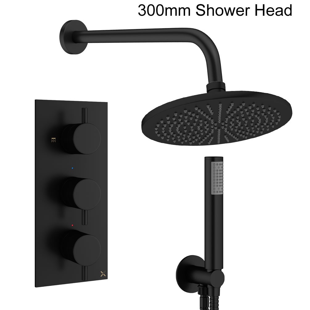 Cutout image of Crosswater Design Matt Black Dual Outlet Three Handle Rainfall Shower Set 300mm head