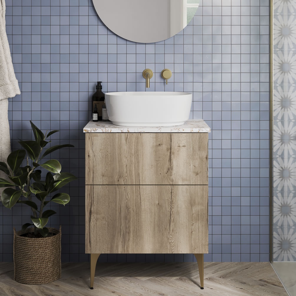 Crosswater Avenue Windsor Oak 600mm Double Drawer Unit & Gold Vein Worktop - Lifestyle 1