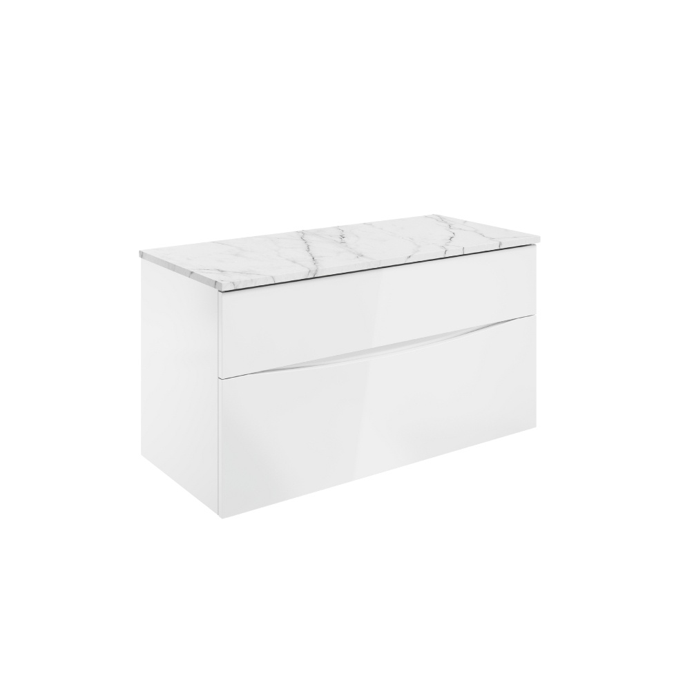Product Cut out image of the Crosswater Glide II White Gloss 1000mm Double Drawer Unit with Carrara Marble Worktop