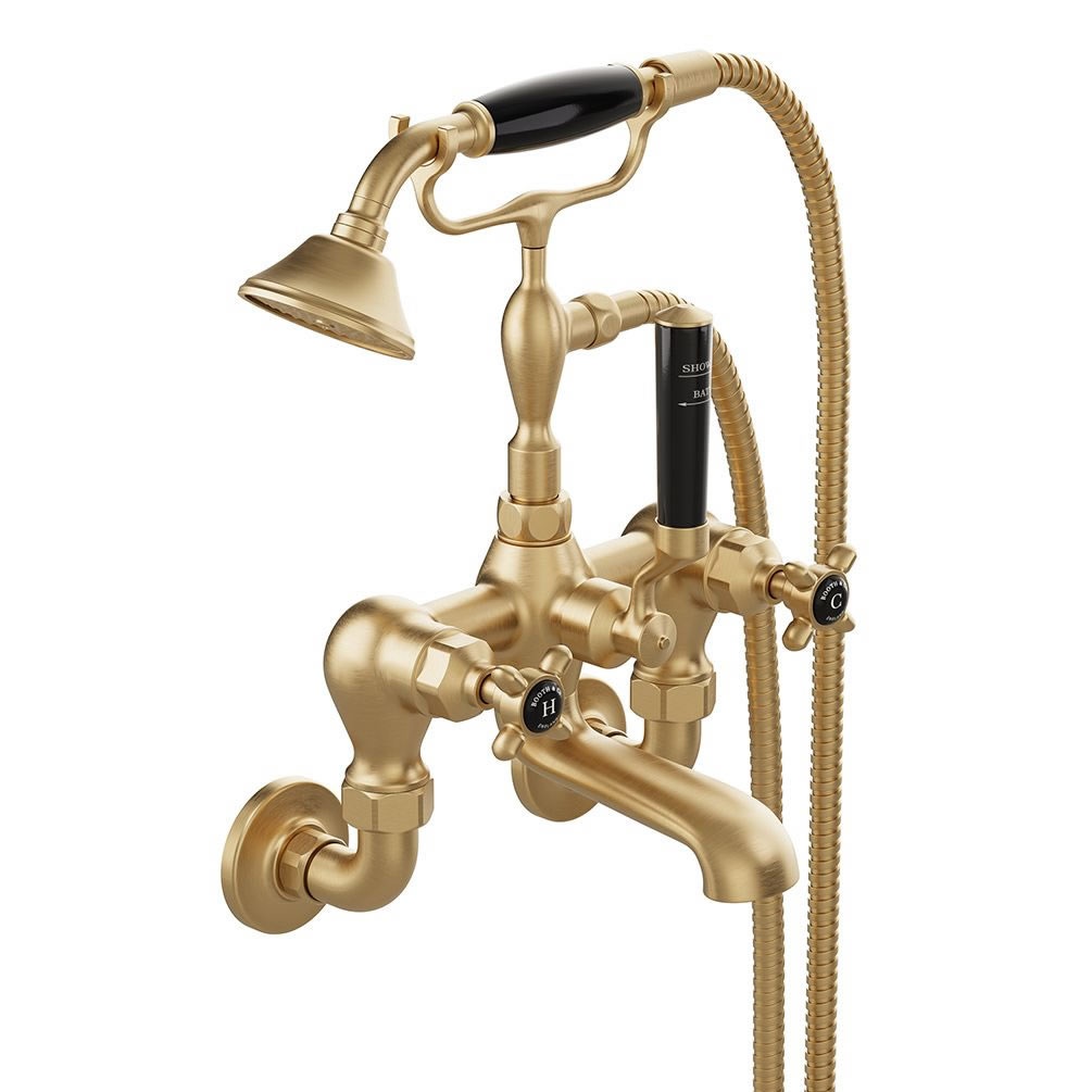 Booth & Co. Axbridge Black Cross Brushed Brass Wall Mounted Bath Shower Mixer