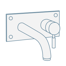 Iconography image of 2 tap hole wall mounted bath tap with spout and single lever control for water flow and temperature