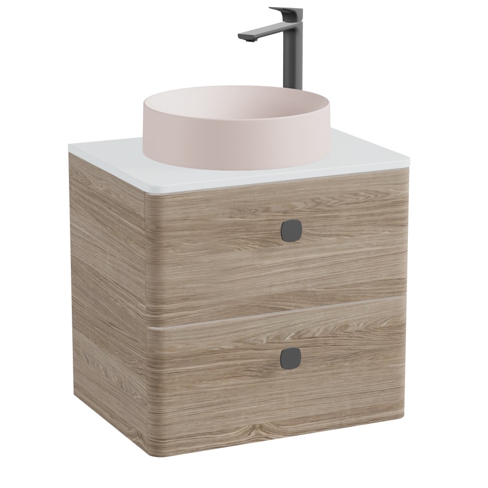 Vado Cameo 600mm Natural Oak Wall Hung Vanity Unit, Arctic White Worktop & Pink Basin