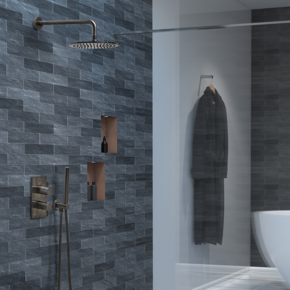Product Lifestyle image of the JTP Vos Brushed Black 2 Outlet 2 Handle Shower Pack with Fixed Head & Handset