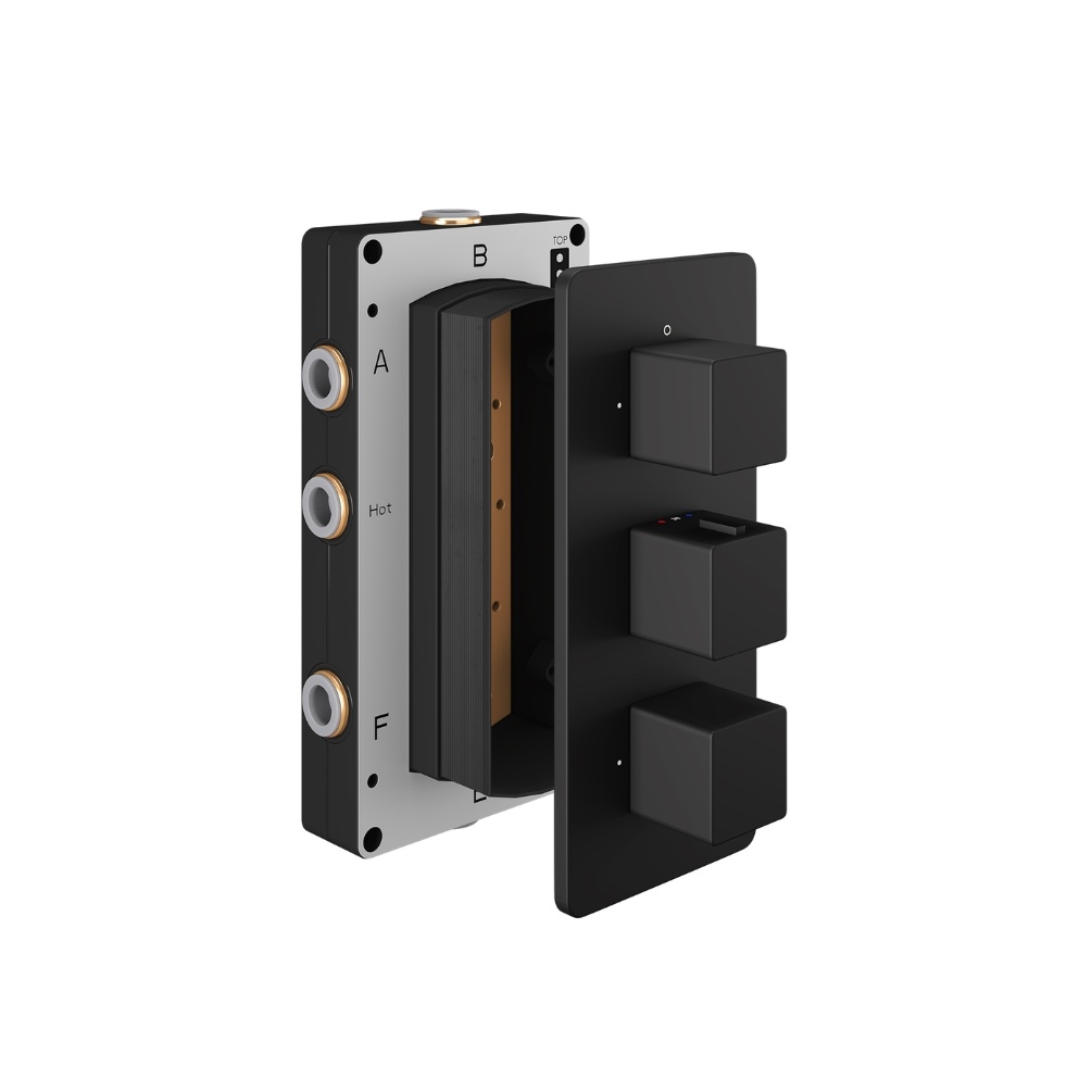 Product Cut out image of the Abacus Square Matt Black 3 Outlet 3 Handle Thermostatic Shower Valve