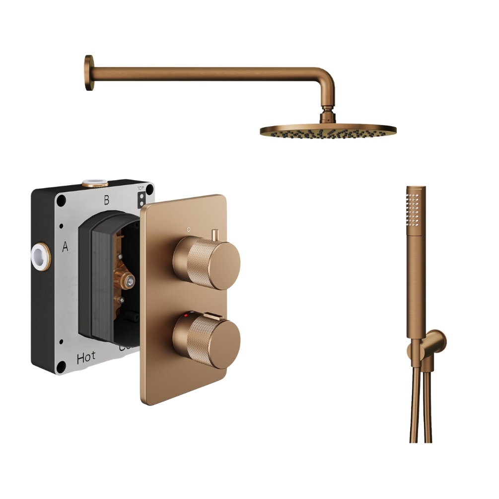 Product Cut out image of the Abacus Iso Pro Brushed Bronze 2 Outlet Shower Pack with Fixed Head & Handset