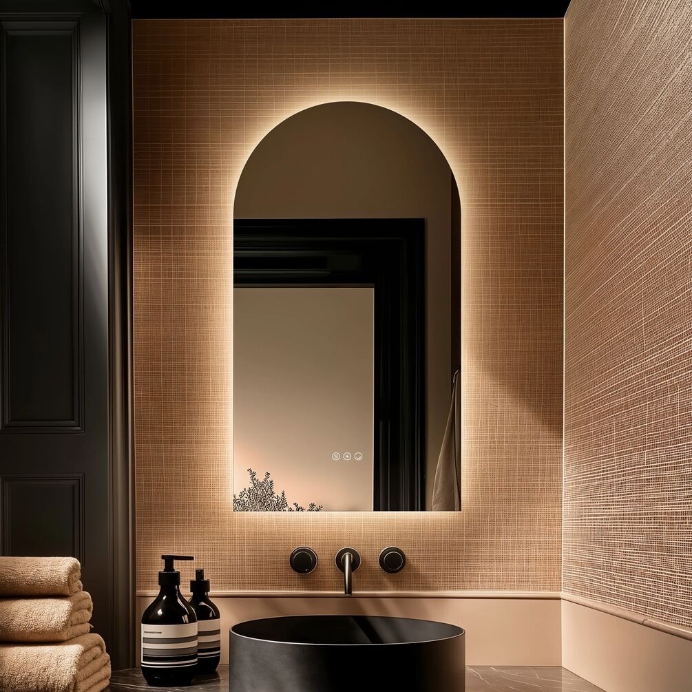 Lifestyle image of Origins Living Claris 500 x 900mm Arched LED Mirror