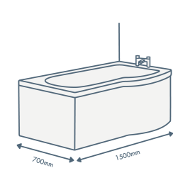 iconography image of a bathtub with 1500mm length text and 700mm width text illustrating this sized bath