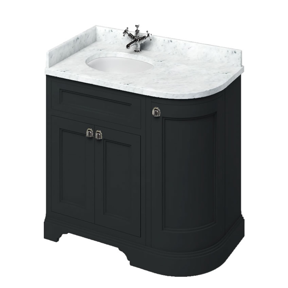 Burlington Matt Black 980mm Left Hand Curved Vanity Unit & Carrara White Minerva Worktop