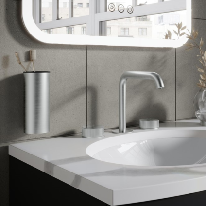 Product Lifestyle image of the Crosswater 3ONE6 Stainless Steel Tumbler Holder mounted next to an inset basin