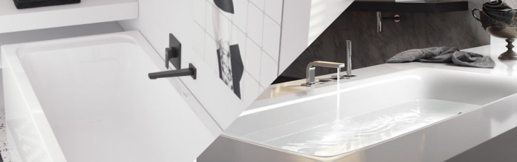 Two lifestyle images of the Villeroy and Boch Architectura Duo Acrylic Bath and the Bette Lux 1800mm x 800mm Double Ended Steel Bath dissected by a diagonal line
