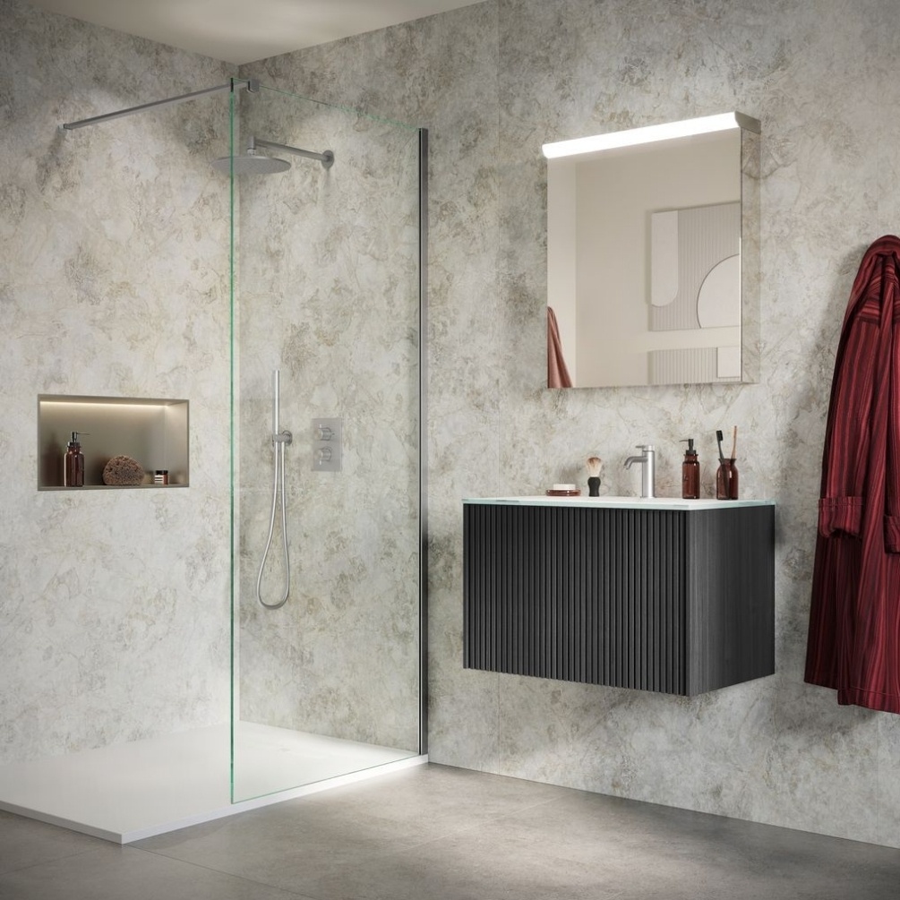 Lifestyle image of the Showerwall Laminate Classico Crema 2440mm x 879mm Proclick Hydrocore Wall Panel - SW91 with walk-in shower and concealed shower system, in a bathroom with vanity unity & basin