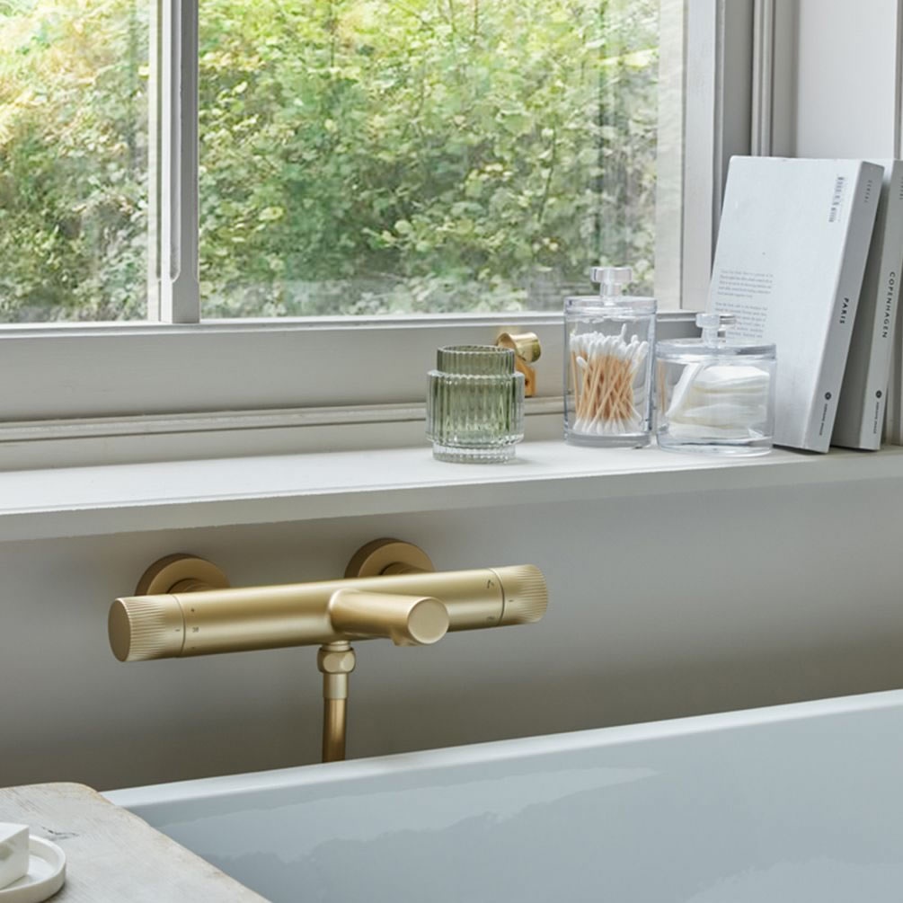 Vado Safari Leverless Satin Brass Exposed Thermostatic Wall Mounted Bath Shower Mixer - Lifestyle Image