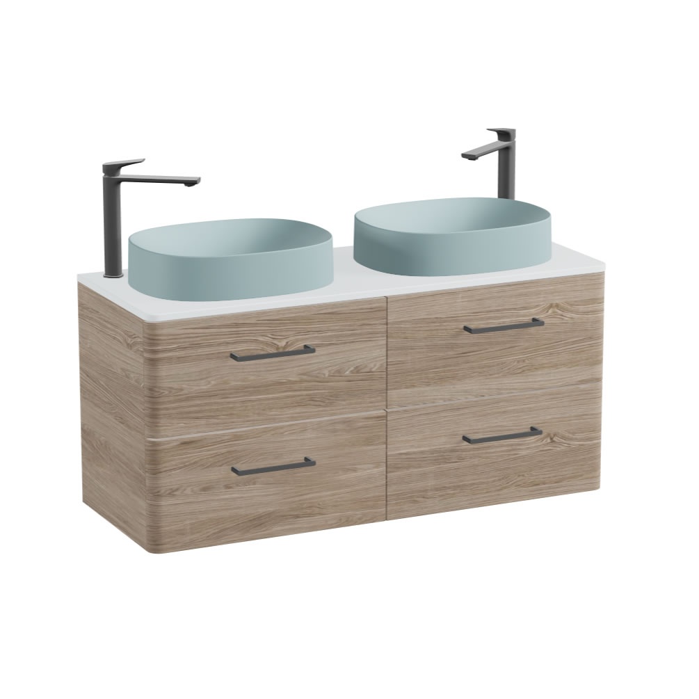 Vado Cameo 1200mm Natural Oak Wall Hung 4 Drawer Vanity Unit, Arctic Worktop & Cove Blue Oval Basins