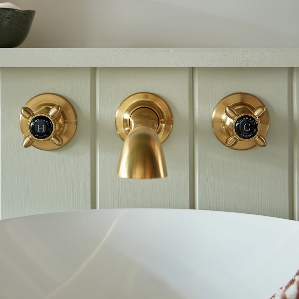 Booth & Co. Axbridge Black Cross Brushed Brass Wall Mounted Basin Mixer - Lifestyle