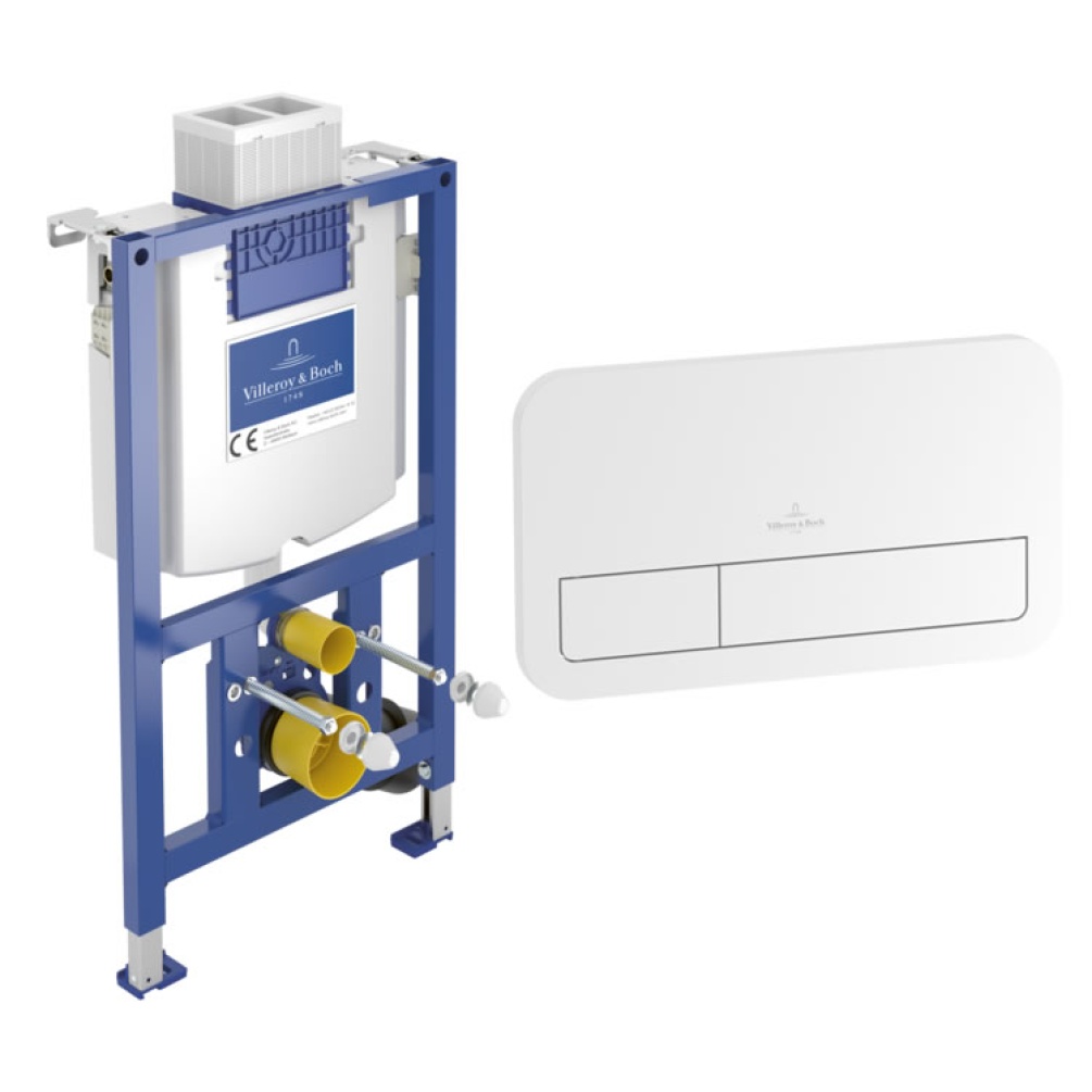 Cutout image of Villeroy & Boch 985mm ViConnect Cistern Frame & White ViConnect Dual Flush Plate