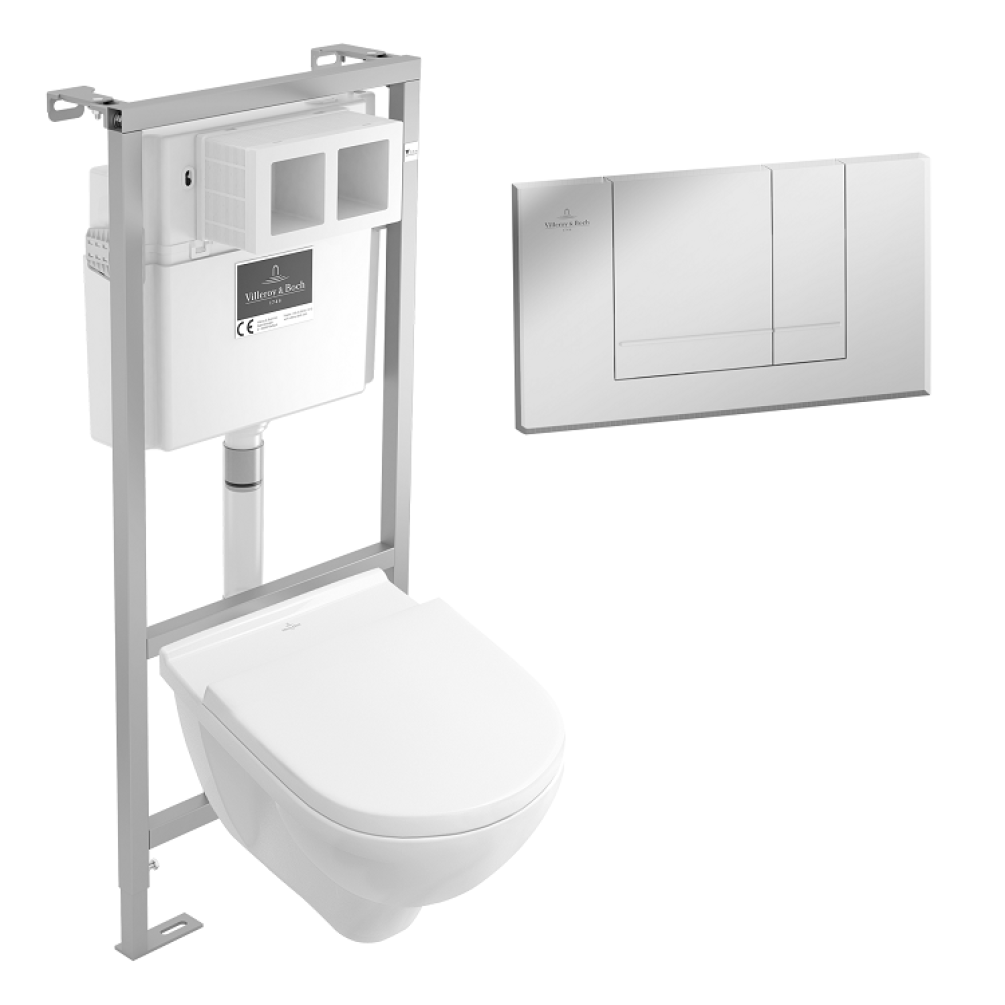 Product cut out photo of Villeroy and Boch O.Novo Wall Mounted Toilet with 1.12m ViConnect Pro Cistern and frame and chrome dual flush plate 5660HR01 92214461