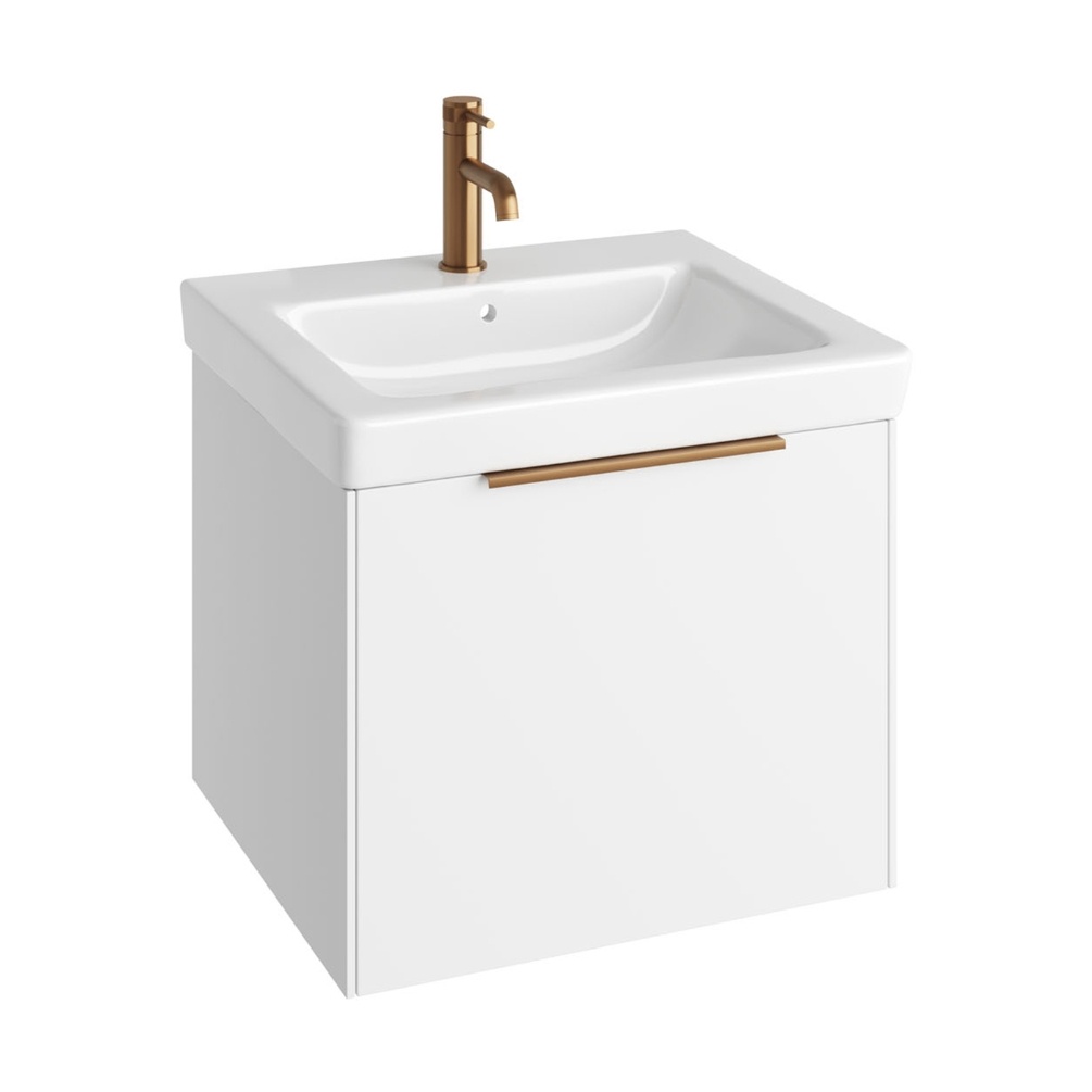 Product Cut out image of the Abacus Concept Simple S3 White 600mm Basin & Vanity Unit with a Brushed Bronze Furniture Handle