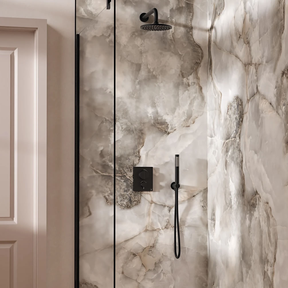 Lifestyle image of Crosswater Crossbox Push Matt Black Dual Outlet Rainfall Shower Set