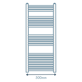 iconography image of a towel radiator with an arrow underneath & text saying 500mm showing 500mm wide bathroom radiators and towel rails
