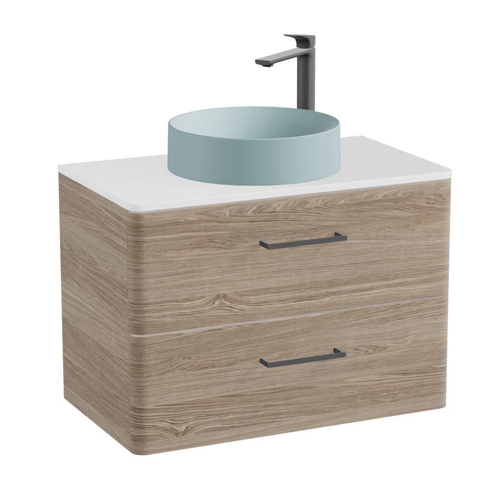 Vado Cameo 800mm Natural Oak Wall Hung 2 Drawer Vanity Unit, Gloss White Worktop & Cove Blue Basin