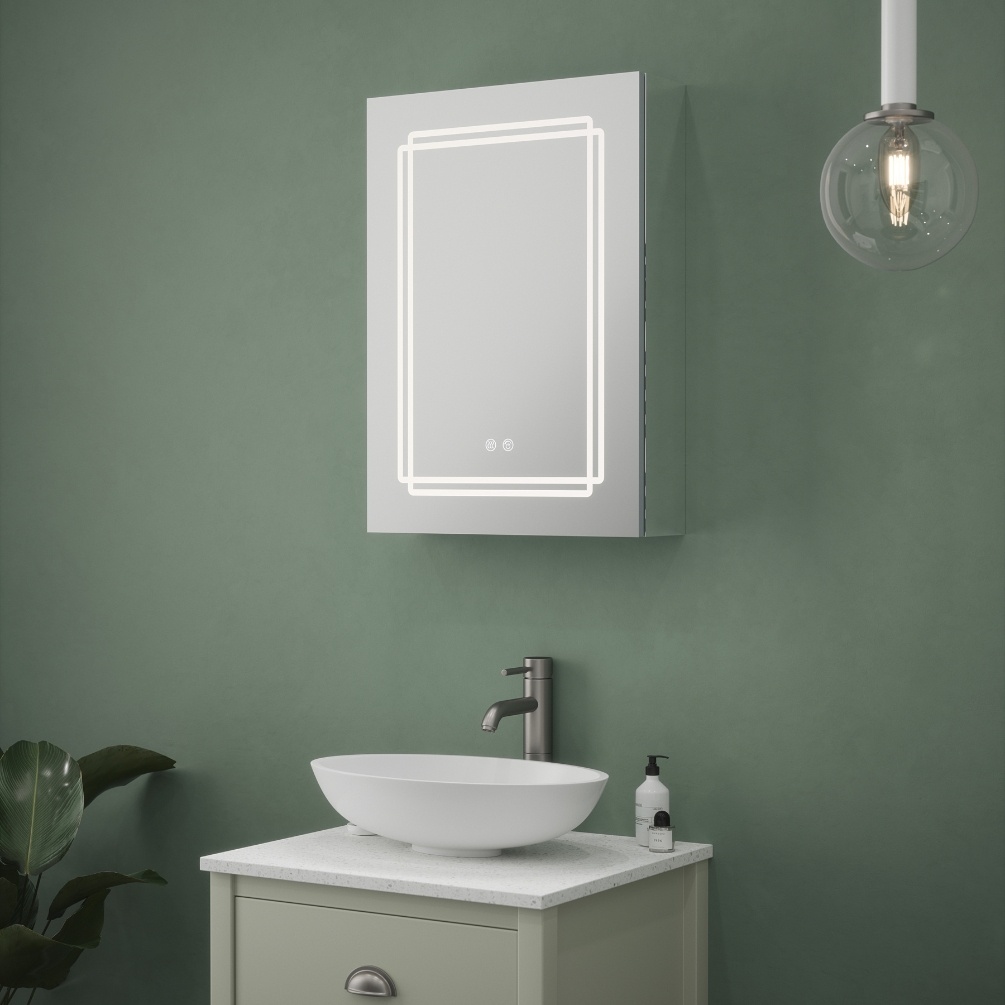 Product Lifestyle image of the Freya Single Door LED Mirror Cabinet mounted above a vanity unit with countertop basin