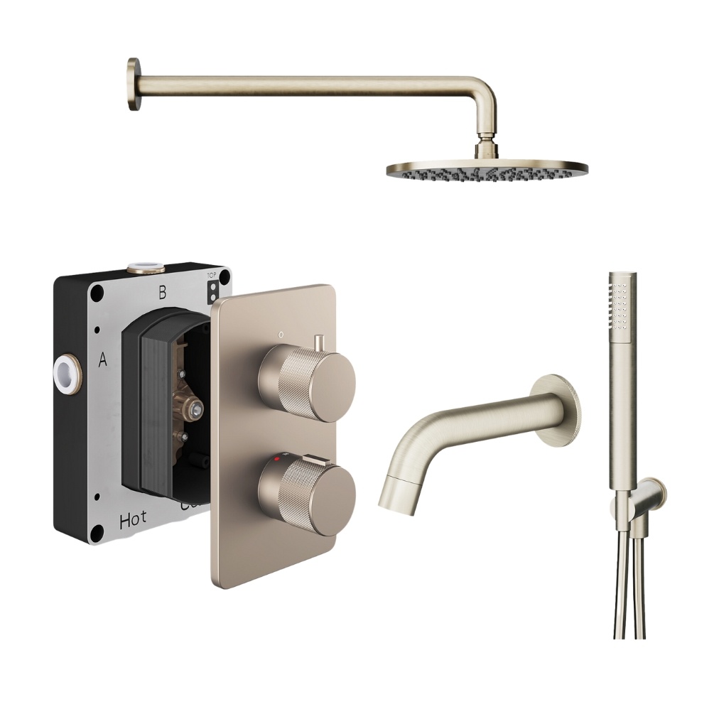Product Cut out image of the Abacus Iso Pro Brushed Nickel 3 Outlet Shower Pack with Bath Spout & Handset