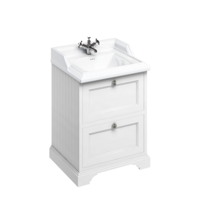 Product Cut out image of the Burlington Classic 650mm Basin & Matt White Freestanding Vanity Unit with Drawers with one tap hole