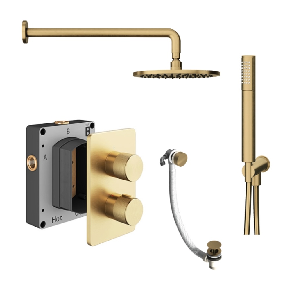 Product cut out image of the Abacus Iso Pro Brushed Brass 3 Outlet Shower Pack with Bath Filler & Handset