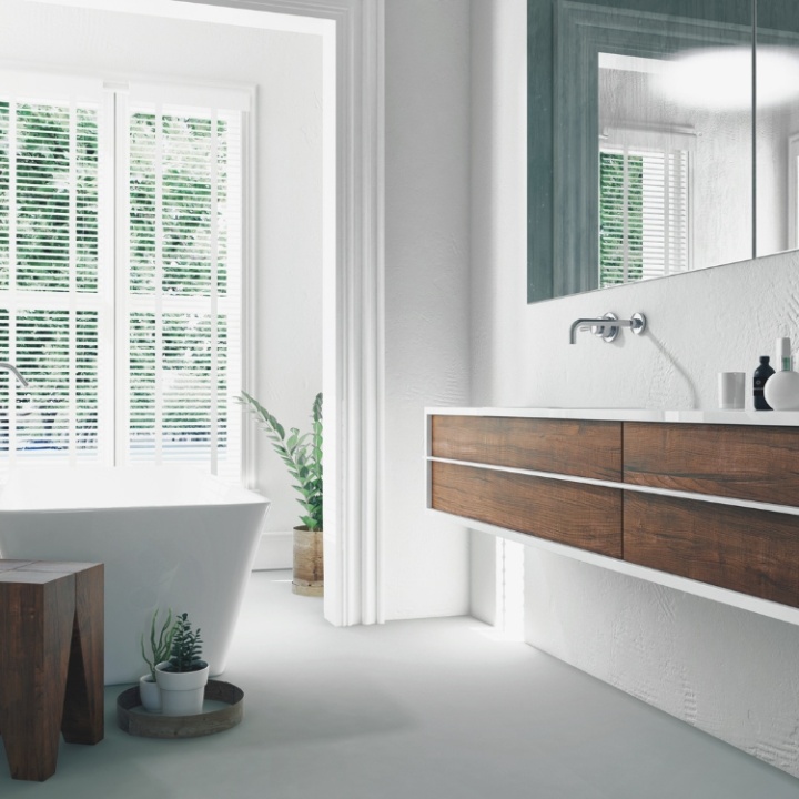 Lifestyle image of a brown and white bathroom design, featuring a wall mounted wooden washbasin unit