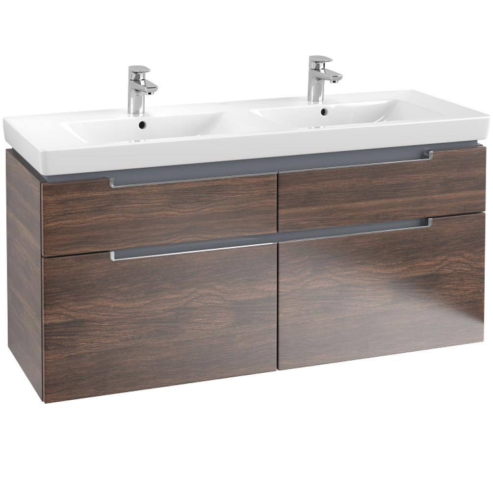 Product cut out image on white background of Villeroy and Boch Arizona Oak Wall Hung Vanity Unit and Double Basin 1287mm Wide A91710VH