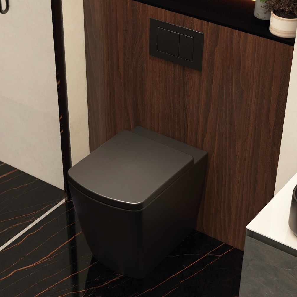 Imex Ravine Black Rimless Comfort Height Back To Wall Toilet Lifestyle 3