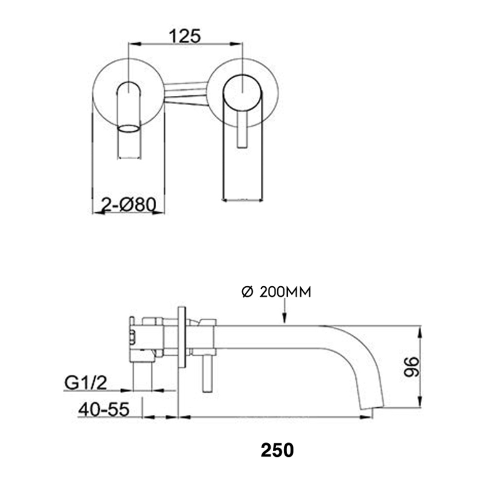 Product Specification image of the JTP Vos Brushed Brass 250mm Wall Mounted Slim Basin Mixer