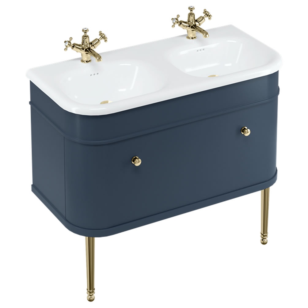 Burlington Chalfont 1000mm Double Basin With Blue Unit & Gold Legs