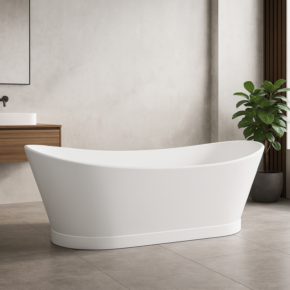 Lifestyle image of the Sanctuary Olos 1700mm Double Ended Freestanding Boat Bath in a modern bathroom with tiled floor and vanity unit with countertop basin